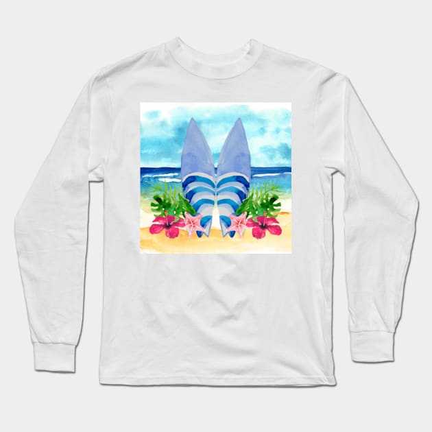 Watercolor Surfboard Scene Long Sleeve T-Shirt by Makanahele